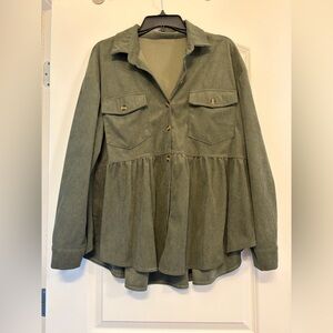 Peplum Button-Front Corduroy Shirt Jacket in Olive Green